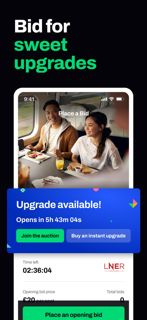 Seatfrog app screen showing a first class rail upgrade auction with options to bid or buy instantly