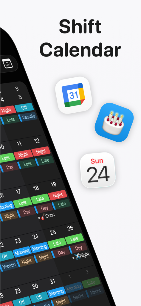 Supershift Shift Work Calendar - Interfaz de la aplicación Supershift que muestra un calendario de trabajo por turnos codificado por colores en modo oscuro con iconos de integración para los calendarios de Google y Apple.