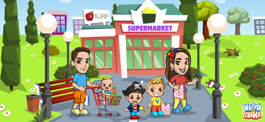 Vlad und Niki Cartoon-Familie steht vor einem Supermarkt