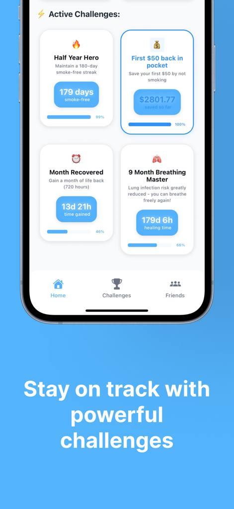 Bequit - Quit Smoking - Bequit app screenshot showing smoking cessation challenges including smoke free streaks and financial savings trackers
