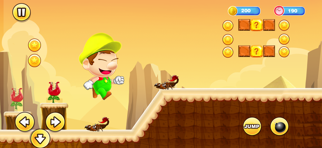 Bob World: Super Bro Run Game - Gameplay screenshot of Bob World Super Bro Run featuring a character jumping in a desert level with enemies and coins