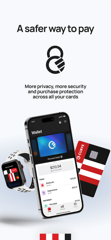 Curve - The Global Wallet - Curve app on smartphone and smartwatch with a physical card and security lock logo