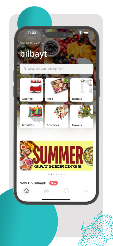 케이터링 음식과 이벤트 렌탈 서비스를 보여주는 Bilbayt 라이프스타일 슈퍼 앱의 홈 화면