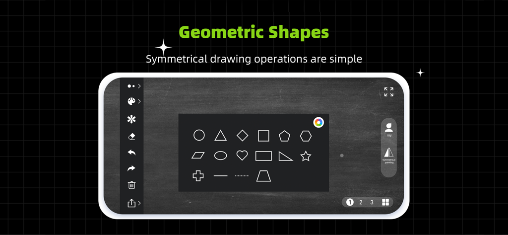 Small Whiteboard - A digital whiteboard interface showcasing a menu of various geometric shapes for drawing.