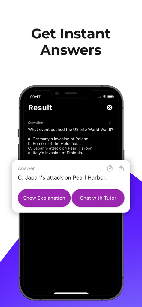 ScanSolve app displaying an instant answer to a multiple choice history question about World War II