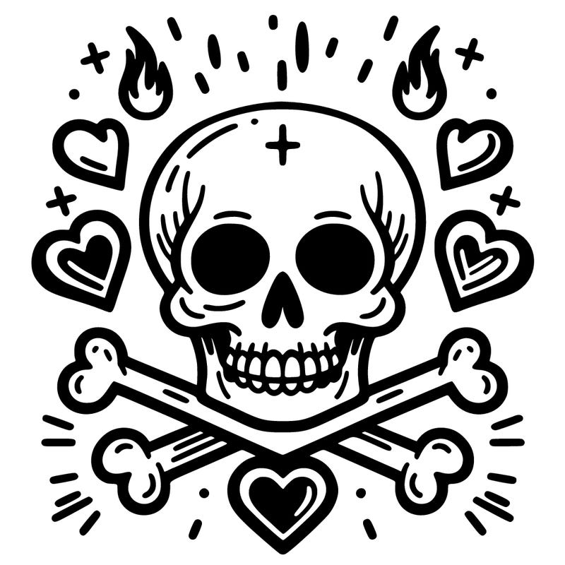 skull with deadly hearts around
