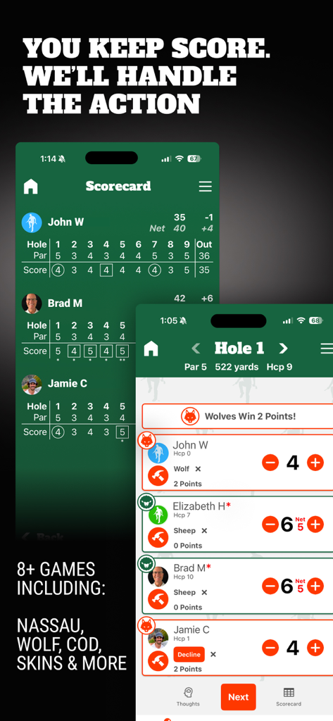 WhyGolf: Golf App & GPS - WhyGolf 앱 인터페이스, 디지털 스코어카드 및 Wolf, Skins와 같은 골프 베팅 게임 추적 표시