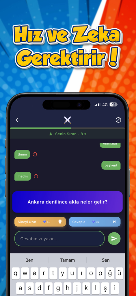 A competitive 1v1 word game interface with a trivia question and player answers