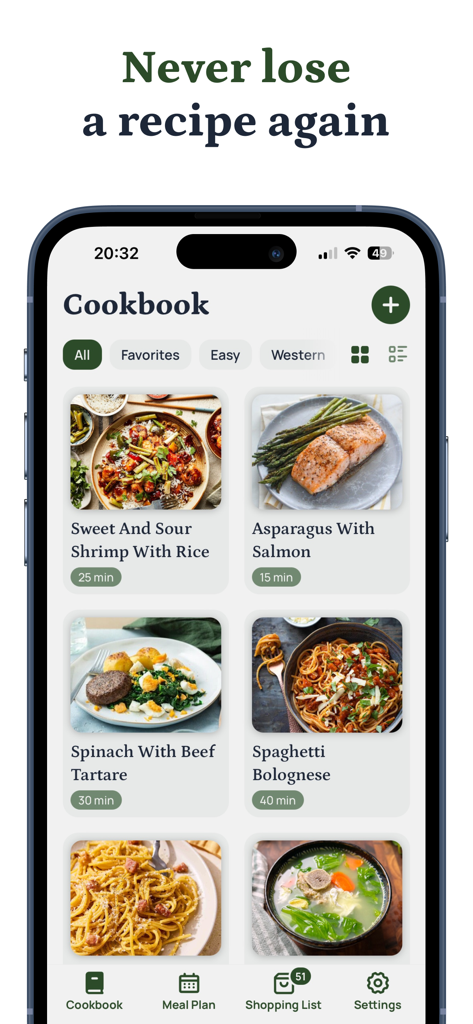 Avocadish: Recipes & Mealplan - Interface d'une application mobile intitulée Cookbook montrant une grille de recettes enregistrées avec des photos et des temps de cuisson.