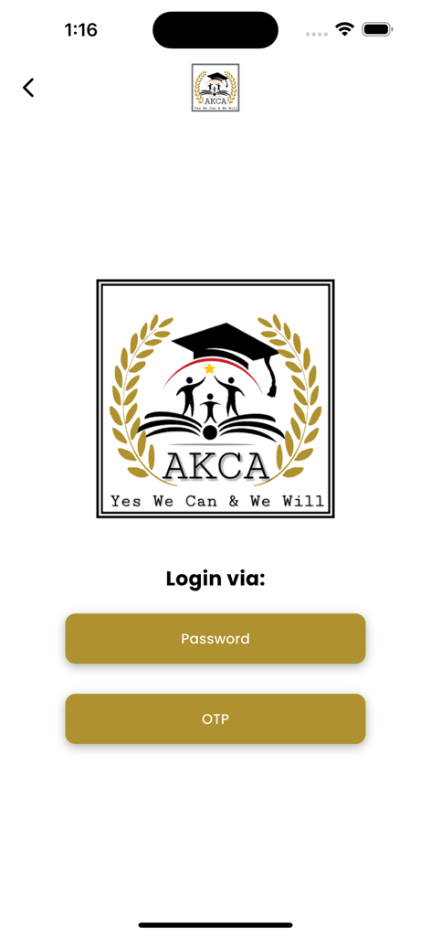 Login screen of Amol Kasar's AKCA app featuring the academy logo and options to log in via password or OTP.