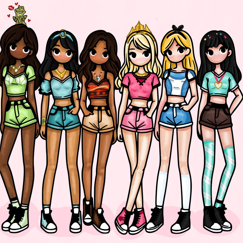 a group of girls wearing crop tops and shorts