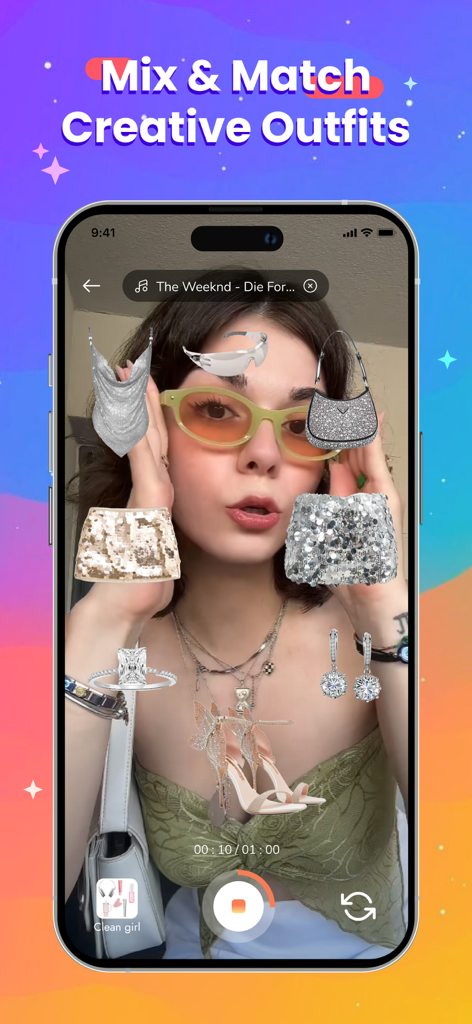 Ranking Filter Funny Challenge - A young woman using an AR filter to mix and match creative digital outfits and silver accessories