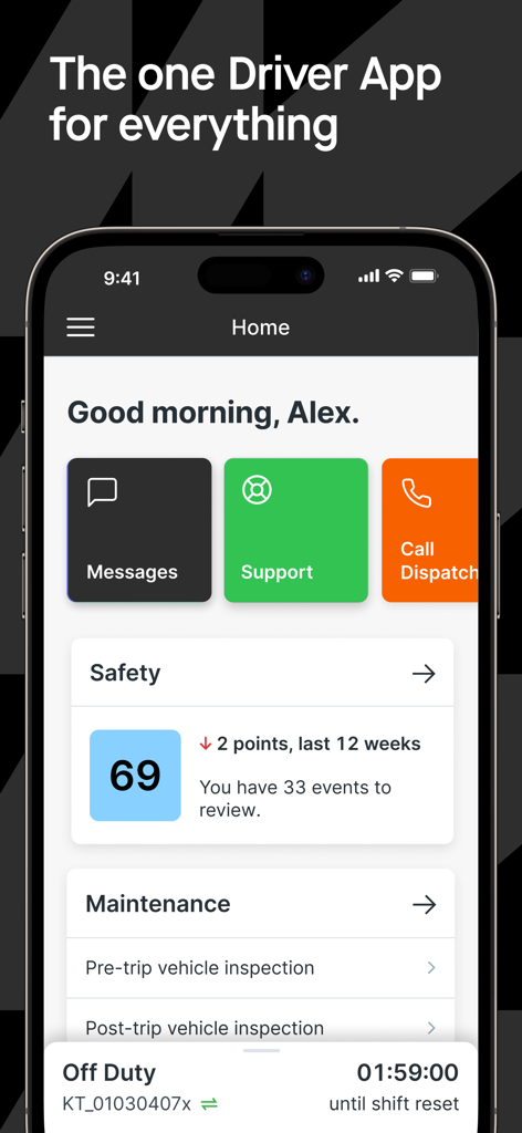 Motive Driver app home screen showing safety score and maintenance tools