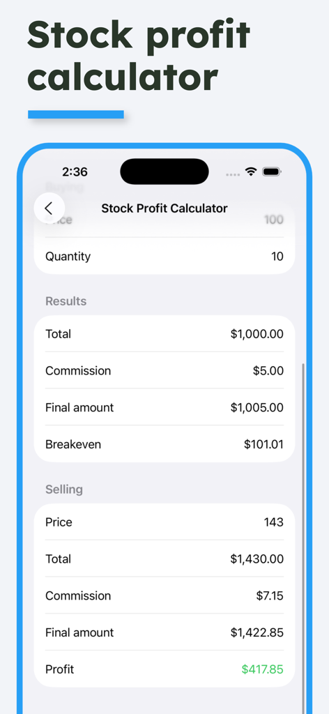 Financial Calculator: Percent - Stock profit calculator screen showing buying and selling price analysis with total profit calculation