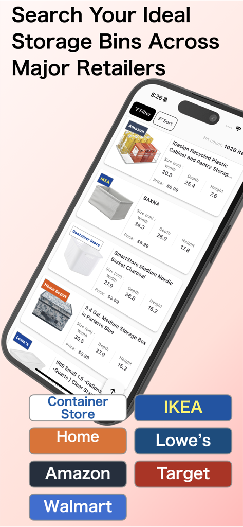 Fitable: Storage Box Finder - Amazon、IKEA、The Container Storeの寸法付き収納ボックスの検索結果リストを表示するFitableアプリ画面