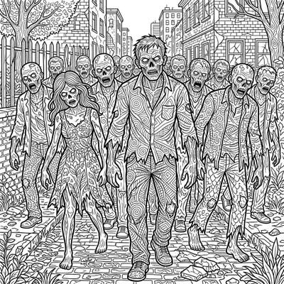 Dive into the thrilling world of the undead with this intricate adult coloring page. Featuring a detailed horde of shambling zombies, it offers a challenging and engaging creative escape.