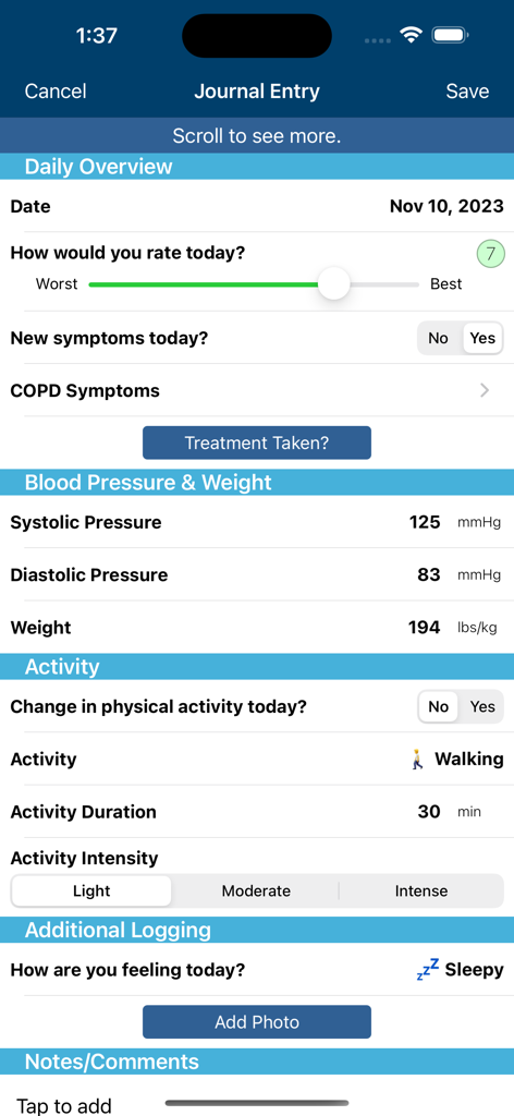 Pantalla de entrada del diario de la aplicación COPD Manager para rastrear síntomas, presión arterial, peso y actividad física.
