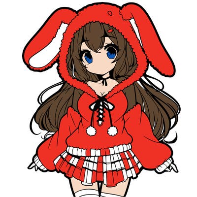 pretty anime girl wearing a fluffy hoodie with bunny ears on the hood and a skirt