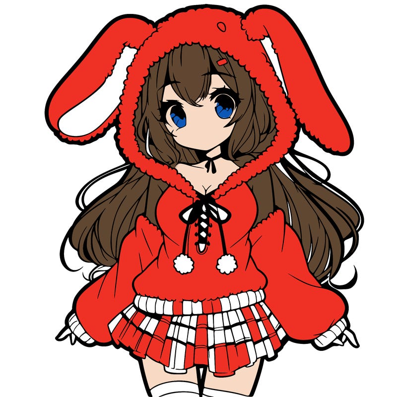 pretty anime girl wearing a fluffy hoodie with bunny ears on the hood and a skirt