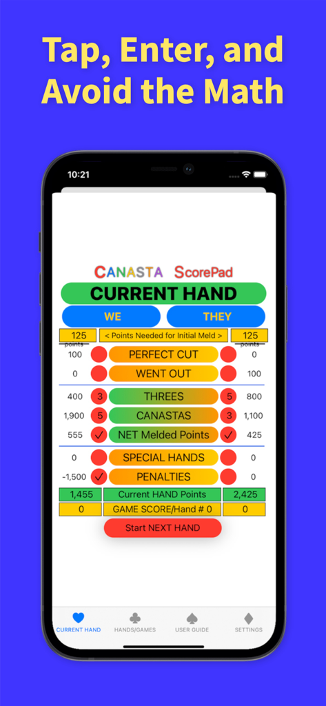 Canasta ScorePad - Digital scorepad interface for Canasta card game showing point tracking for two teams