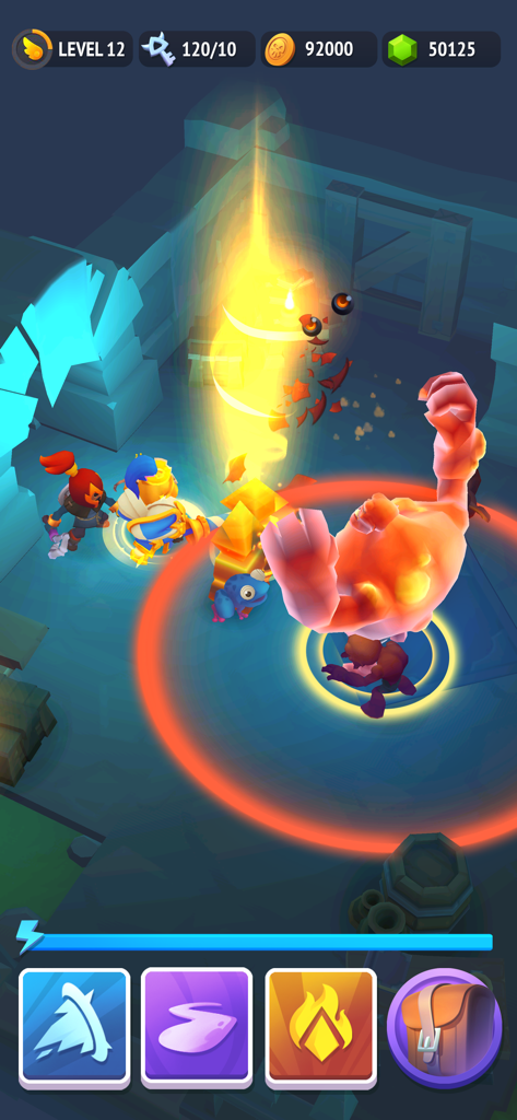 Nonstop Knight 2 - Action RPG - Gameplay of Nonstop Knight 2 showing a hero and companion battling a giant fire monster in a dungeon.