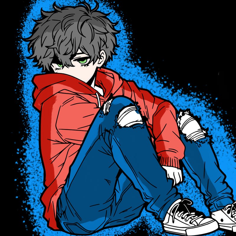 a male hoddie ripped jeans messy hair anime