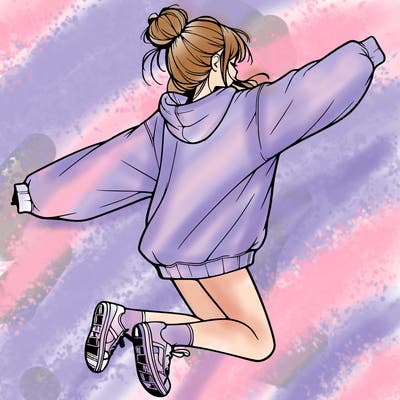 realistic girl jumping with a bun and oversized sweatshirt