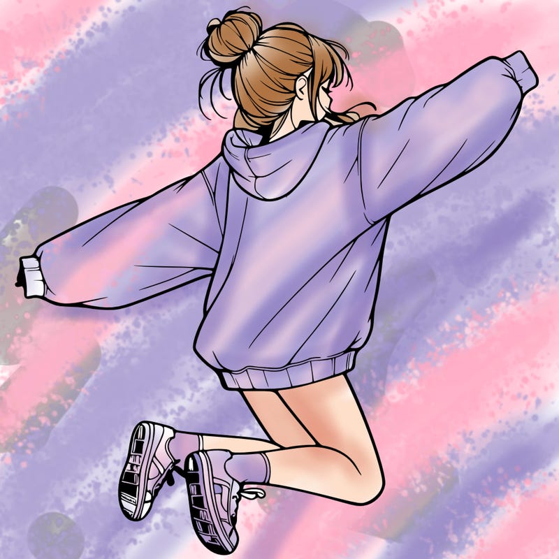 realistic girl jumping with a bun and oversized sweatshirt