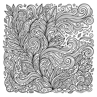 This detailed coloring page beautifully weaves together abstract interpretations of natural elements. Engage your mind and find tranquility as you bring this intricate tapestry of leaves, swirls, and organic forms to life with color.