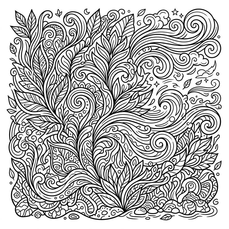This detailed coloring page beautifully weaves together abstract interpretations of natural elements. Engage your mind and find tranquility as you bring this intricate tapestry of leaves, swirls, and organic forms to life with color.