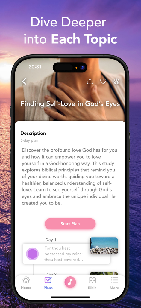 A mobile phone screen showing a five day bible study plan titled Finding Self Love in God's Eyes from the Daily Devotional for Women app.