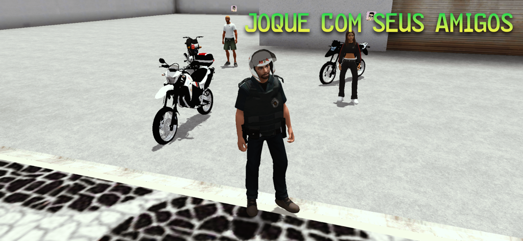 Motos Brasil Online - Three game characters standing next to motorcycles in an open urban area with the text Play with your friends in Portuguese