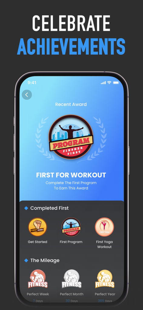 Six Pack in 30 Days:Get Muscle - Six Pack in 30 Daysアプリのアチーブメント画面で、フィットネスバッジとワークアウトの賞を表示