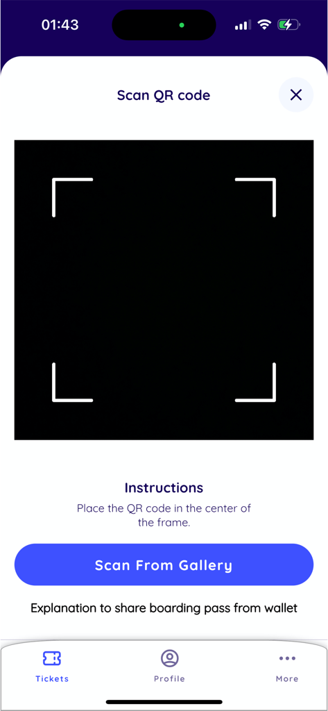 FastID - FastID app screen showing a QR code scanner with a viewfinder and a scan from gallery button.