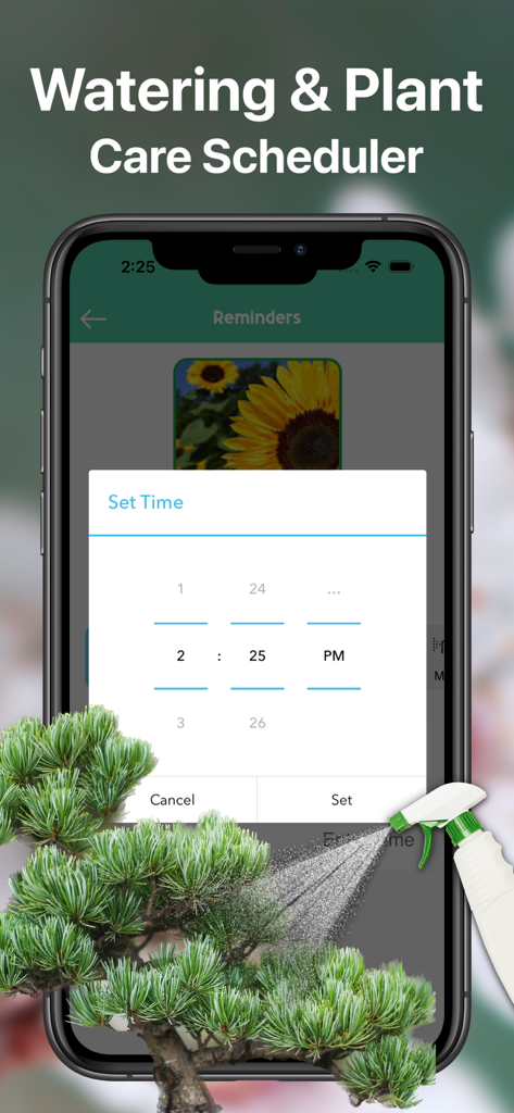AI Plant Identifier Care Tips - Mobile app interface for setting a plant watering reminder and care schedule