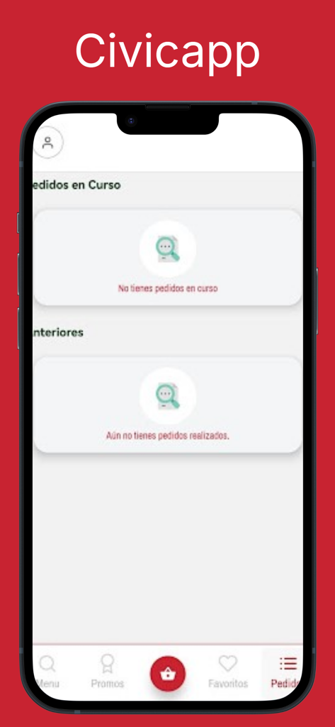Civicapp - Pantalla de estado de pedidos de Civicapp con pedidos en curso y anteriores vacíos en español.