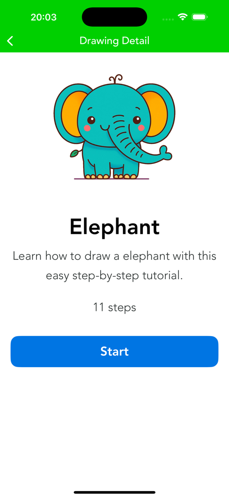 Draw: Step-by-Step Art Guide - Interfaz de aplicación móvil mostrando un tutorial de 11 pasos para dibujar un elefante de caricatura.