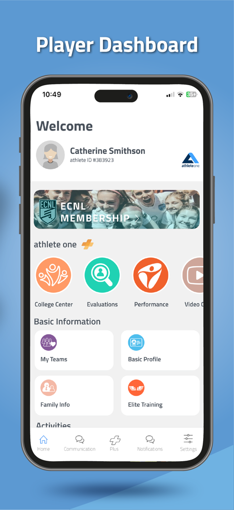 athlete one + - The athlete one plus mobile app player dashboard showing features for college recruitment, evaluations, performance tracking, and team management.