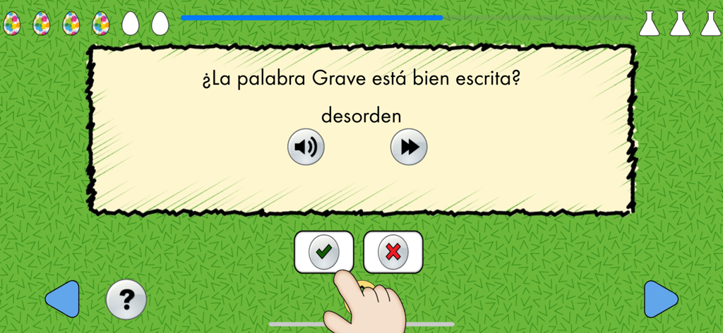 グレイブ単語のスペイン語スペルとアクセント規則を確認するための教育ゲームインターフェース。