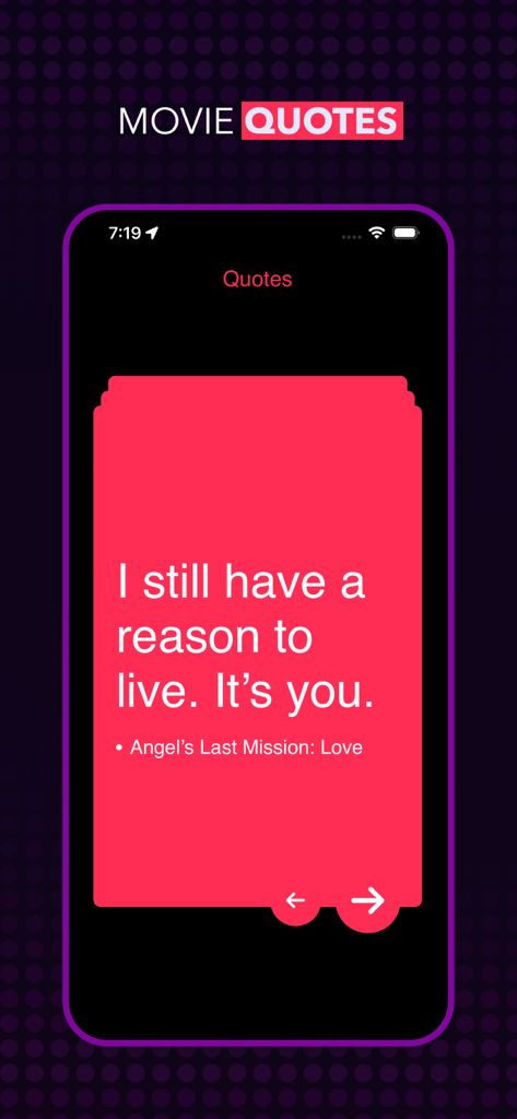 Netmirror app screen displaying a movie quote from Angel's Last Mission Love on a red card