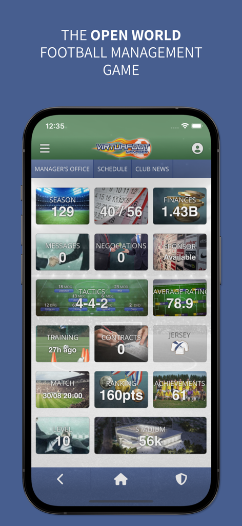 Virtuafoot Football Manager - Virtuafoot Football Manager app showing the manager office dashboard with tactics finances and club infrastructure