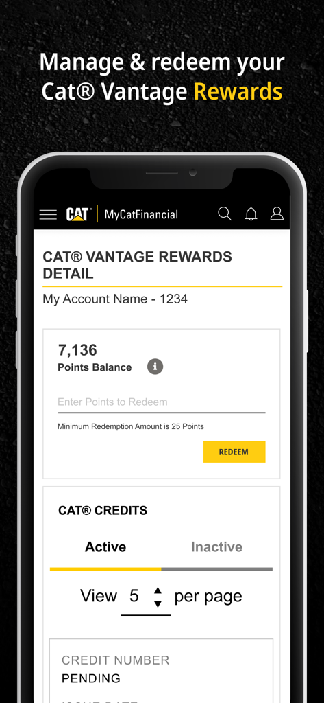 MyCatFinancial - MyCatFinancial app screen displaying Cat Vantage Rewards balance and points redemption options.