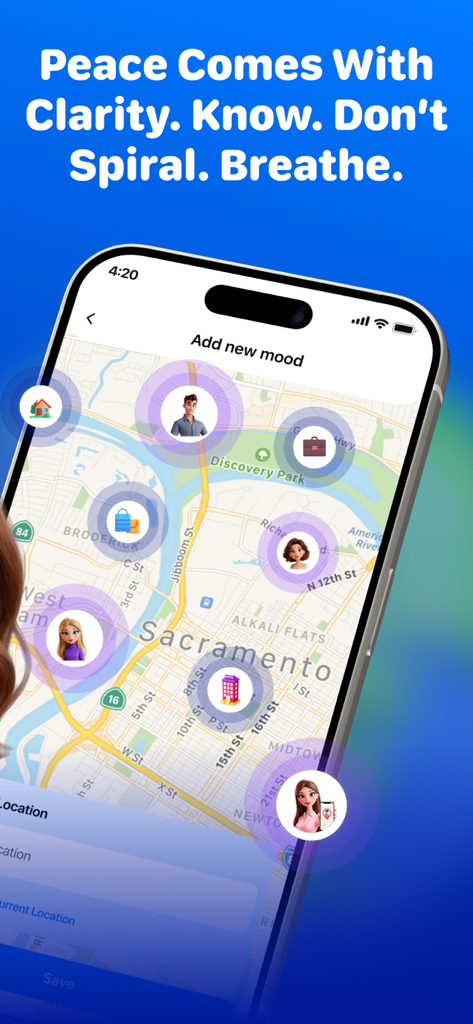 Location Tracker: My Friends - Soola app interface showing a city map with emotional mood pins and user avatars.