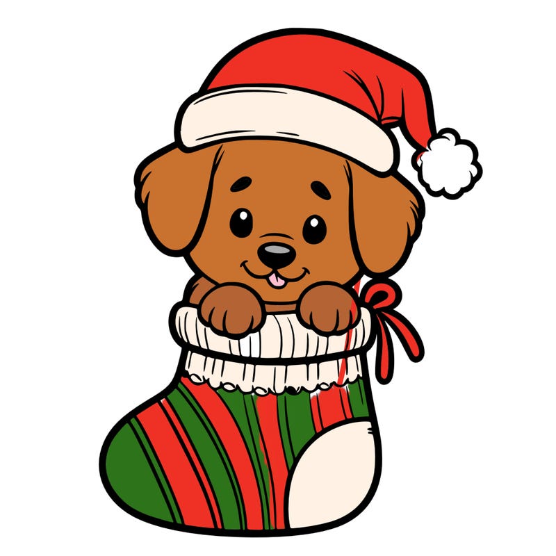 cute puppy wearing santa hat in socking
