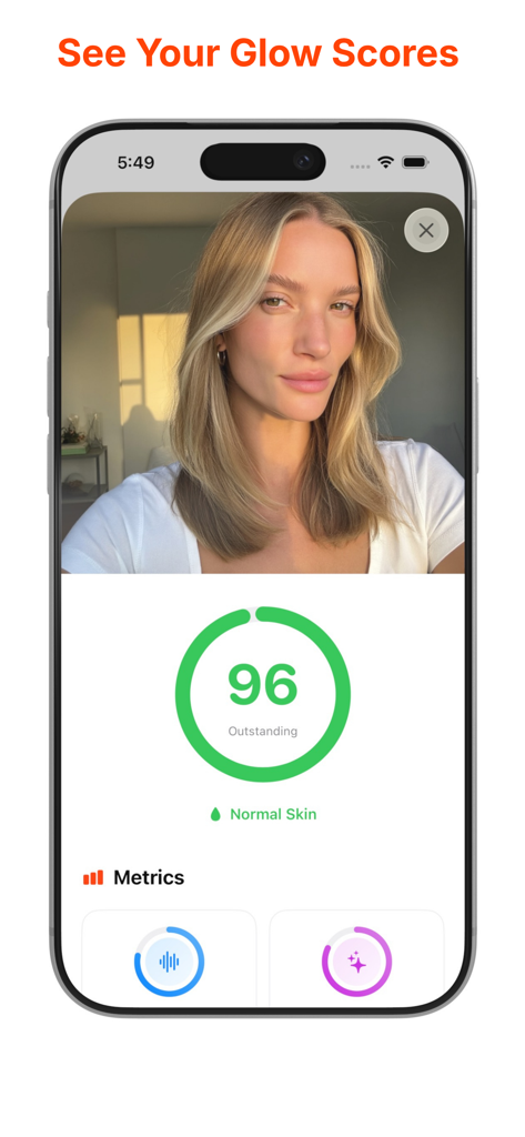 Interface of the Glemi app showing a user skin analysis with an outstanding glow score of 96