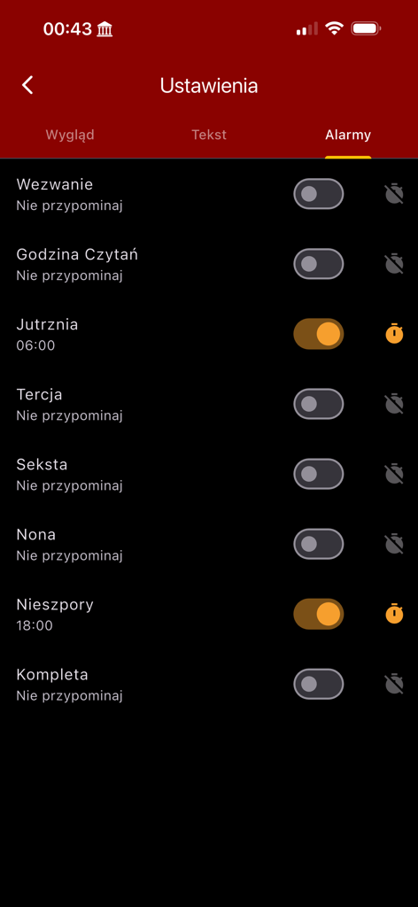 Brewiarz - Settings screen of the Brewiarz app showing alarm reminders for different liturgical prayer times in Polish.