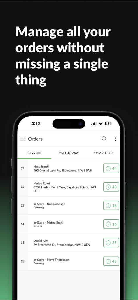 A smartphone screen displaying a real-time list of current restaurant orders and their status in the My Takeaway app