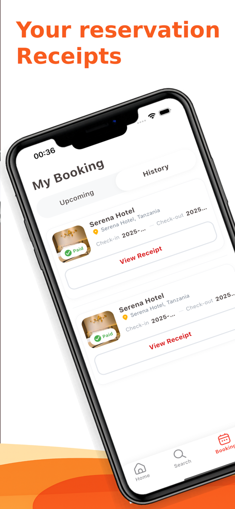 タンザニアでの旅行のためのホテルの予約領収書と予約履歴を表示するテンポ・アフリカモバイルアプリ画面