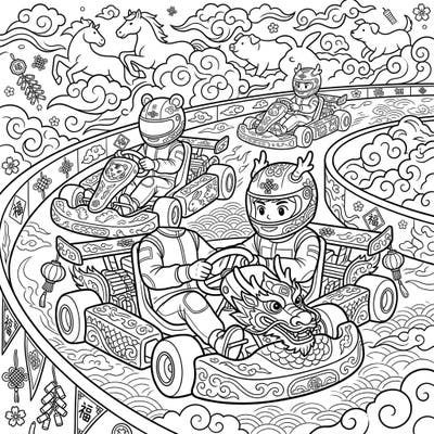 Get ready for an exhilarating ride with our Lunar New Year Kart Racers coloring page, blending high-speed action with rich cultural festivities. It's the perfect way to infuse your holiday with creativity and joy.