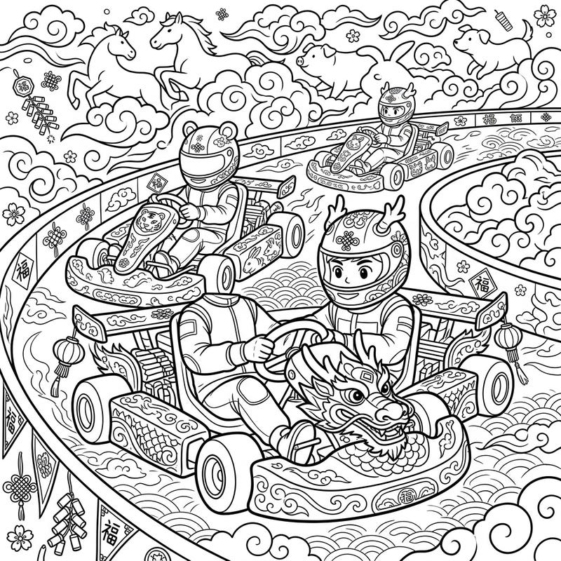 Get ready for an exhilarating ride with our Lunar New Year Kart Racers coloring page, blending high-speed action with rich cultural festivities. It's the perfect way to infuse your holiday with creativity and joy.